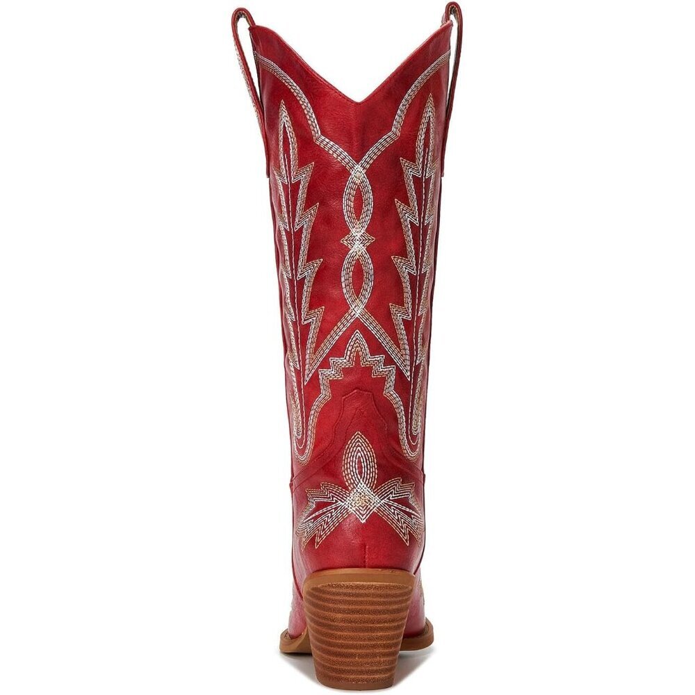 🆕Women Deep Red Faux Leather Wood Grain Embroidered Chunky Heel Cowgirl Boots - Picture 6 of 8